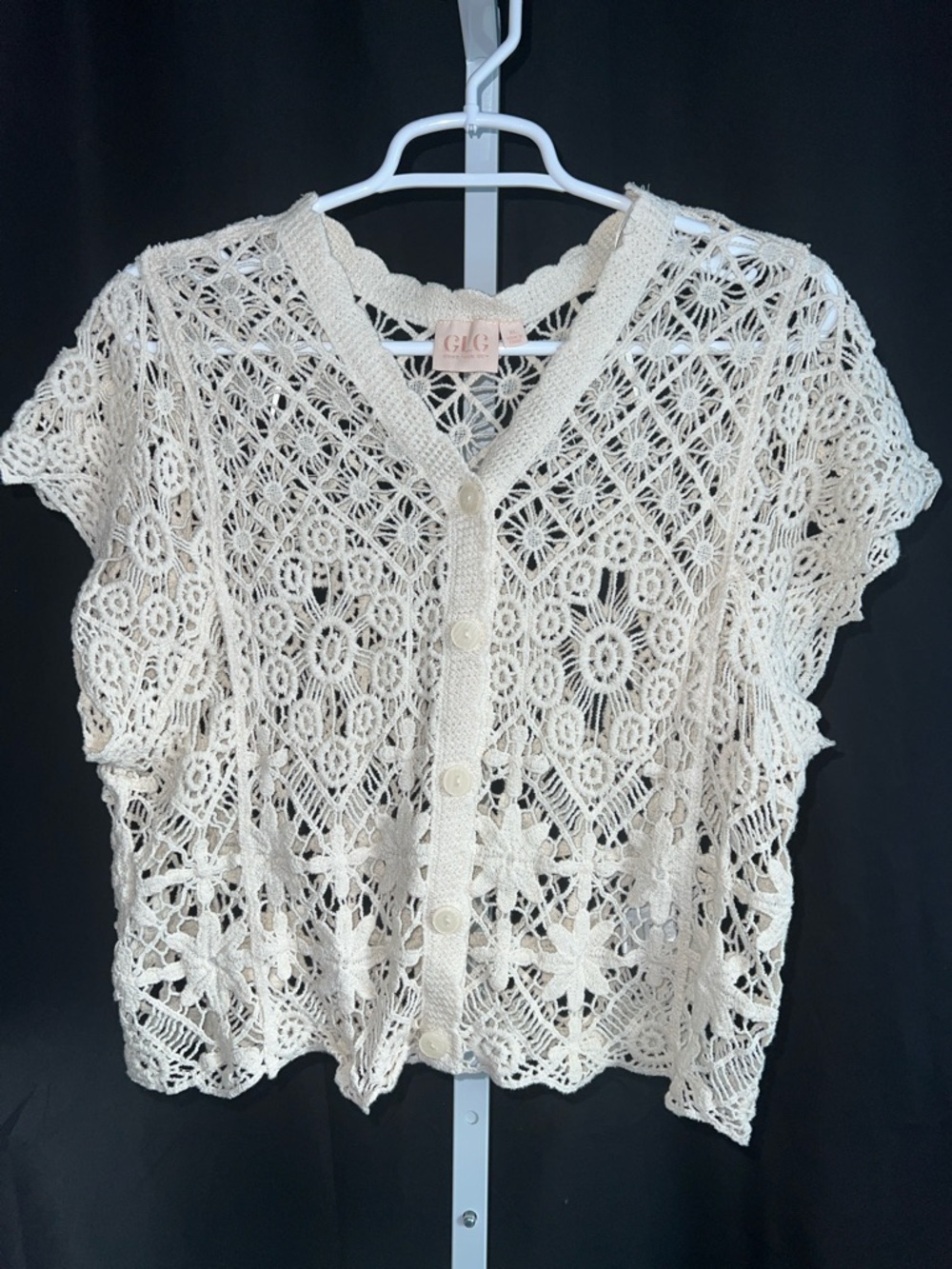 Good Luck Gem Cream Crochet Button-Front Crop Top